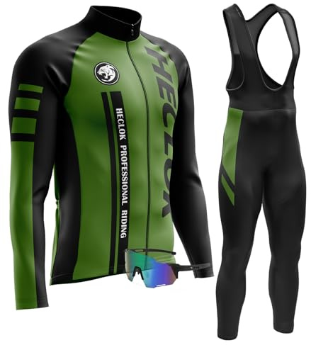 Maillot Ciclismo, Conjunto Ciclismo Hombre Manga Larga + Ropa Ciclismo con Tirantes 9D Gel Acolchado Culotte Largo＋Gafas Cortaviento Ciclismo Gafas de Sol Polarizadas (L,TYP-3)