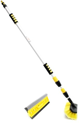 WilTec XPOtool 2in1 3D Teleskop Waschbürste mit Schlauchanschluss 145-300cm mit 2 Köpfen Bürste Schwamm Abzieher für Pkw, LKW, Wohnmobil