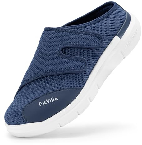 FitVille Mens Slip On Diabetic Shoes Extra Wide Adjustable Slippers Backless Orthopedic Mules for Swollen Feet Walking Indoors Outdoors