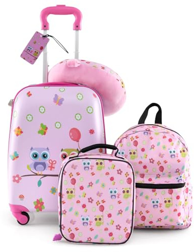 BABY JOY Barnbagage, 5-delat bagageset med 40,6 cm hårt skal, småbarnsväska, 33 cm ryggsäck, nackkudde och isolerad lunchväska, resväska för barn för flickor och pojkar, Rosa/ugglor, 12 x 9 x 21-32
