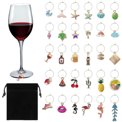 Berlocker för vinglas, vinberlocker för glas, vinglasmarkörer, vinglasberlocker för roliga fester, berlocker för vinglas för temafest, muggdekoration, 30 st., Glas