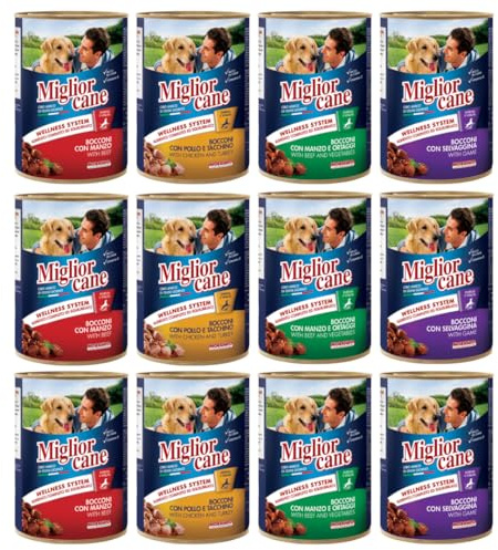 Miglior Cane - Cibo Umido per Cani, 12 Scatolette da 405 grammi, 4 Gusti Assortiti (Pollo/Coniglio, manzo, selvaggina, manzo e ortaggi) Scatolette cani