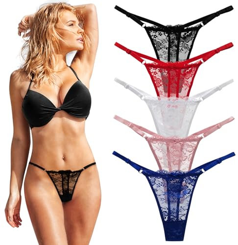 FUIPVGI 5er Pack Tanga Damen, Damen Spitze Unterhosen Sexy Unterwäsche, G String Tanga Damen, Niedriger Leibhöhe Sportbund Thongs for Women Dessous (5 Farben, Einheitsgröße)
