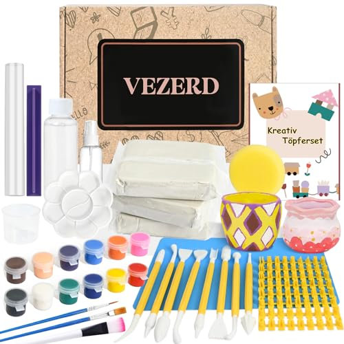 Vezerd Töpferset für Anfänger, Ton Lufttrocknend ohne Brennen für Zuhause, Kreativ DIY Keramik Bemalen Basteln Erwachsene mit Werkzeuge, Glanzlack, Pottery Set als Geschenke für Mädchen/Junge
