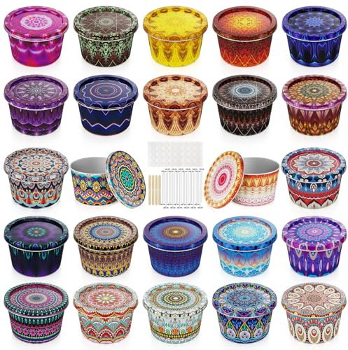 Happyhube Empty Candle Tins for Making Candles, 24 Pack 2.5 oz Metal Containers, Travel-Friendly Rust-Proof Tins with Lids, 24 Patterns Jars(Colourful)