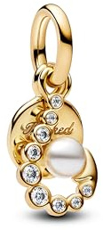 Pandora Moments 763891C01 - Medallón colgante de amanecer de plata de ley chapada en oro de 14 quilates con circonitas y perlas sintéticas, compatible con Me y Moments, 6x14,6x8,2 mm, Plata de ley