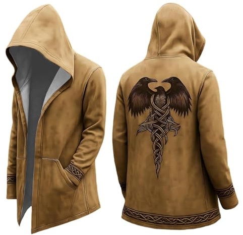 Duohropke Capes Cosplay Viking pour homme - Longueur moyenne - Pull à capuche - Mythe nordique - Cool Biker - Veste cardigan en tricot avec capuche - Printemps Automne - Manteau - Veste traditionnelle