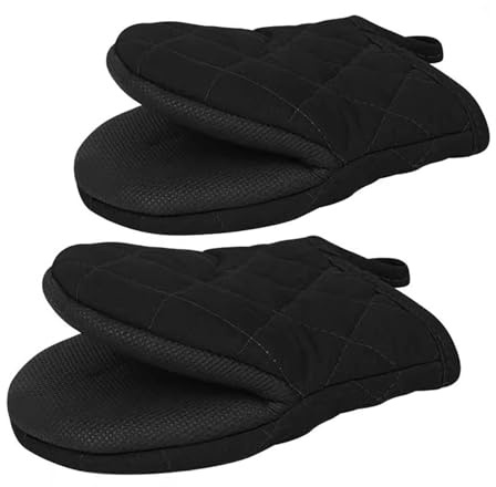 2pcs Short Oven Mitts, Heat Resistant Silicone Kitchen Mini Mitts for 500 Degrees, with Non-Slip Grip Surfaces and Hanging Loop, Oven Gloves for Grilling Barbecue Microwave Machine (Black)