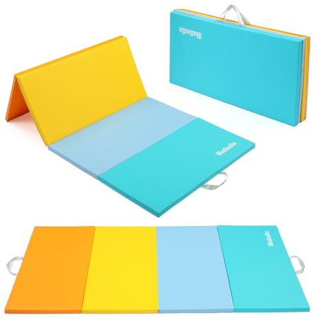 Matladin 8 FT/6FT Folding Gymnastics Gym Exercise Aerobics Mat, PU Leather Tumbling Mats for Stretching Yoga Cheerleading Martial Arts, Play (Colorful-6‘x3'x1in)