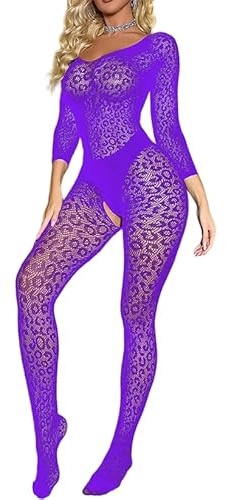 CZSABXY Womens Fishnet Bodysuit Lace Jumpsuit Fishnet Lingerie Mesh Body Stockings Rave Outfits For Women Teddy Lingerie Underwear (Purple)
