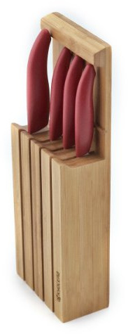 KYOCERA Coltello in ceramica, set di 4 coltelli con manico rosso + Coltelli + tagliere in confezione regalo natalizia