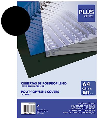 Plus Office - Portadas para Encuadernar de Polipropileno, 800 micras, Pack de 50 unidades, Cubiertas de Encuadernación de Plástico Color Negro Opaco, Formato A4