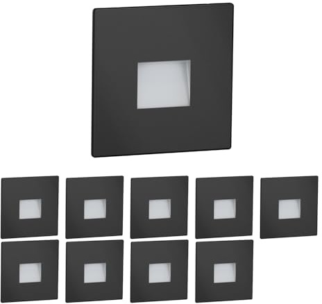 ledscom.de Lámpara LED para escaleras/empotrable en pared FOW, 10 unidades, para interior y exterior, downlight, cuadrada, negra, 85 x 85 mm, blanco frío