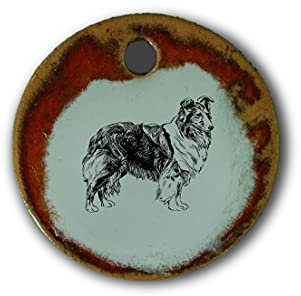 Schöner Keramik-Anhänger „Collie“ in rot marmoriert; Schmuck Kette Kettenanhänger Geschenk Kunsthandwerk Keramik rund Talisman Halskette Aufmerksamkeit Mitbringsel individuell