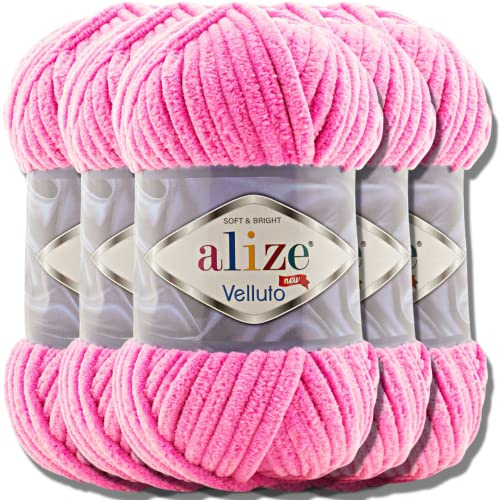 Alize Velluto 5x 100g Türkische Strickwolle super Bulky Wolle zum Häkeln Uni Farbe Babywolle Flauschgarn Filzwolle Kuschelwolle (Cotton Candy | 121)