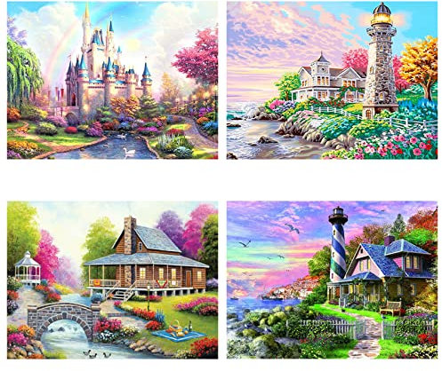 SupLetsico 4 Stück Diamond Painting Set für Erwachsene, 5D Diamant Malerei Painting Landschaft, DIY Schloss Diamond Painting Bilder Full Drill für House Wall Dekoration Geschenk(40x30cm)