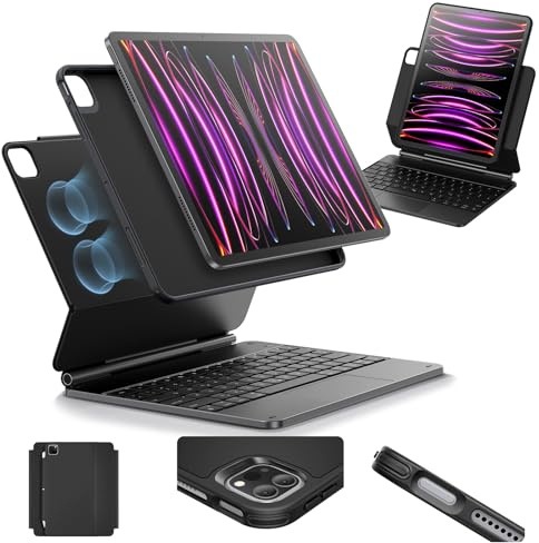 ESR Magnetische Keyboard Hülle, iPad Tastatur Hülle für iPad Pro 12.9 2022, magnetischer Ständer, Porträt-/erhöhte Ansichtsmodi, federnde Leuchttasten, Multi-Touch-Trackpad, Rebound-Serie, Anthrazit