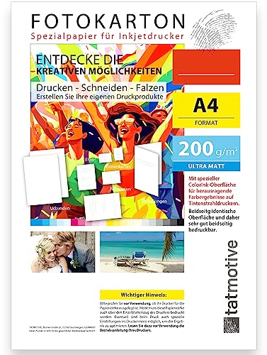 TATMOTIVE Fotopapier DIN A4 200g MATT weiß | Speziell Tintenstrahldrucker Inkjet | Beidseitig bedruckbar | 125 Blatt