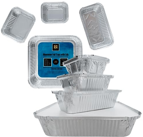 NUNOCHO Aluminium Foil Trays With Lids. Containers Pack 20 Set 4 Sizes. Tin foil Meal Prep, Reusable Disposable Baking Freezing Cooking Food Storage Takeaway