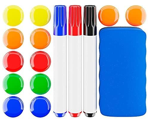 SANAWATEC 16 Stück Whiteboard Zubehör: 3x Bunte Magnetische Marker Mit Radierer, 1x Magnetischer Schwamm, 12x Magnete für Magnettafel