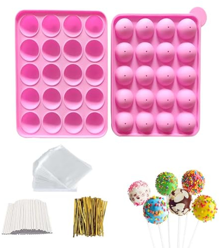 Silicone Cake Pop Molds, 20 Cavity Lollipop Molds with 100pcs Cake Pop Sticks 100pcs Candy Treat Bags 100pcs Gold Ties, Cake Pop Kit for Lollipop Chocolate Making and Packing