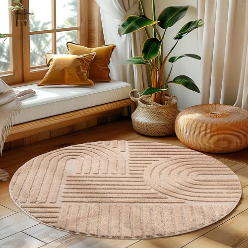 HomebyHome Kurzflor Teppich 120 cm Rund Rosa - Hoch-Tief 3D Effekt Waschbar, Flauschig und Extra Weich - Skandinavisch Boho Muster für Wohnzimmer, Schlafzimmer, Esszimmer und Küche