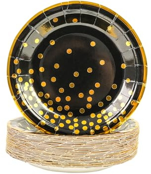 DHAIQC 50 st. papperstallrikar svart guld 18 cm, papperstallrikar födelsedag svart med guld prickade festtallrikar engångstallrikar papperstallrikar tårttallrikar festservis för födelsedag bröllop