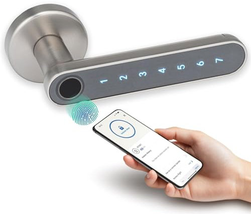 XFORT Smart Fingerprint Door Handle in Satin Chrome – Keyless Door Lock with 4 Unlocking Modes, Bluetooth & Code Access, Auto-Locking Smart Door Handle, Enhanced Security on Internal Wooden Doors