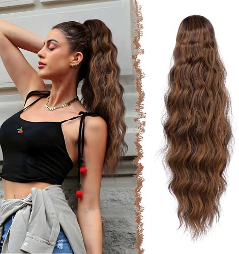 FESHFEN Coda Capelli Extension Ondulati Lunghe, Coda Finta Capelli con Pettine Sintetici Posticci Ponytail Ricci Onda Coda di Cavallo Extensions per Donne, 60 cm Marrone Scuro con Riflessi Castano