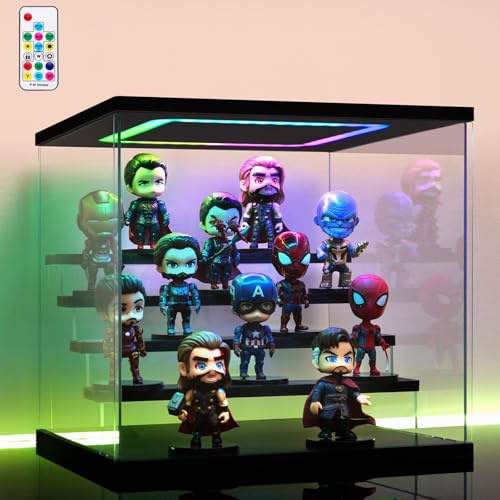 AZEYN Vitrine Acrylique Transparente avec Éclairage LED RVB Télécommandé, Vitrine pour Collections 3/4/5/6 Niveaux Anti-Poussière, Présentoir pour Lego Figurines (Noir, 5 Étagère 32 x 31 x 30cm)