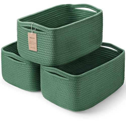 Maxuni 3-Pack Shelf Baskets for Organizing, Closet Organizer Bins, Small Woven Baskets, Rope Toy Basket, Storage Basket for Shelves, Cube Decorative Box, 11.5×7.5×4.7”, Green