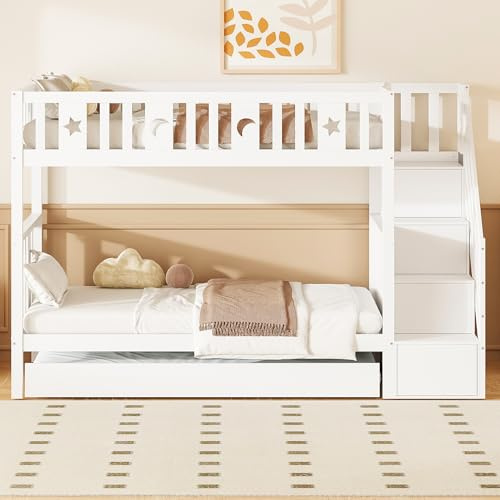 Moimhear Letto a castello per bambini 90 x 200 cm + 90 x 190 cm, in legno massello, con letto estraibile con scala di sicurezza, scala contenitore, rete a doghe, trasformabile in 2 letti singoli