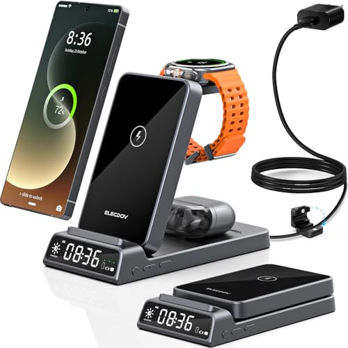 Wireless Charger for Samsung S25 with Clock 3 in1 Foldable Charging Station | Charging Station for Galaxy S25 Ultra/Z Flip7/Fold 6/Galaxy Bud, Watch Charger for Galaxy Watch 8, Travel Nightstand Charger