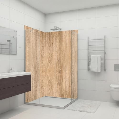 Dedeco 2x Premium Bad Duschrückwand mit Motiv: Holz V1, 90x200cm, wasserfest, hochwertige fugenlose Wandverkleidung aus 3mm-Alu-Verbundplatte, Fliesenersatz ohne Bohren, Made in Germany