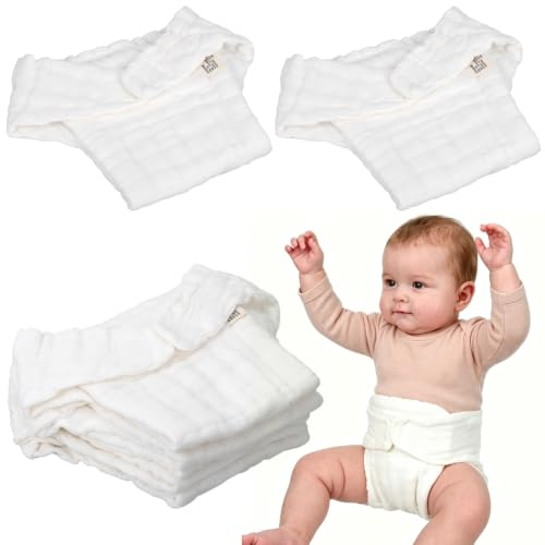 Toyvian 5 Pack Reusable Cotton Cloth Nappies for Newborns 0‑3 Months | Washable Soft Breathable White Nappies, Adjustable Fasteners, Ergonomic Contoured, Unisex, Home & Travel, Size S (37×27)