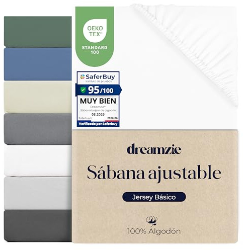 Dreamzie Sabana Bajera 160x200 Ajustable Algodon Jersey, Altura colchon 30 cm hasta 27 cm, Oeko-Tex Certificado, hipoalergenica, Blanco