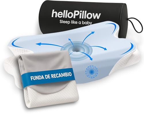 HelloPillow - Almohada + Funda de Recambio, Almohada cervicales y Cuello, Almohada Ortopedica, Almohada Ergonómica para Dormir de Lado y Boca Arriba (Azul y Funda Gris)