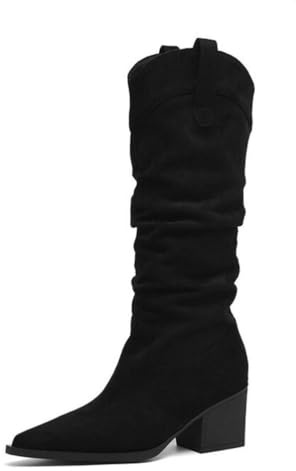 Generico Stivali Donna Western al Ginocchio Punta A Punta in Camoscio Morbido Tacco Largo Antiscivolo Comodi Resistenti per Uso Quotidiano Festa Strada,Nero,36 EU