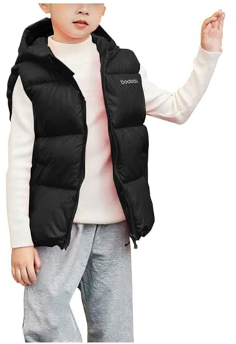 Flodxo Gilets bouffants à capuche sans manches pour garçons – Gilet chaud rembourré léger – Manteaux bouffants thermiques en duvet – Tenue d'école décontractée – Noir – 12 à 13 ans