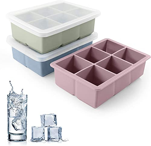 Jisile stora iskubsbrickor i silikon, set med 3 – 6-hålighet fyrkantiga formar med spilltåligt lock | BPA-fri XL 5 cm långsam smältning ismaskin för whisky, gin & tonic, cocktails | diskmaskinssäker