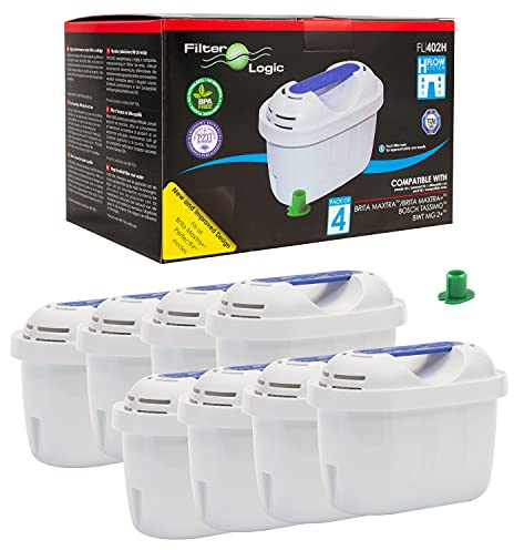FilterLogic FL402H | 8er Pack - Wasserfilter kompatibel mit Brita Maxtra+ Plus Filterkartuschen für Marella Style Flow Aluna Elemaris XL cool Tischwasserfilter & TASSIMO Kaffeeautomat Kartuschen