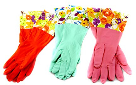 Home & Style 3 Pair Decorative Boutique Latex Cleaning Dishwashing Gloves With Fancy Cuff with Flock Lining