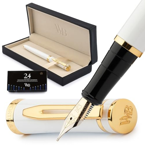 Wordsworth & Black Füllfederhalter-Set, 18K Vergoldete Feder Mittel, Enthält 24er Pack Tintenpatronen, Tinten-Konverter & Geschenkbox, Gold-Finish, Kalligraphie, [Weißgold], Perfekt für Alle