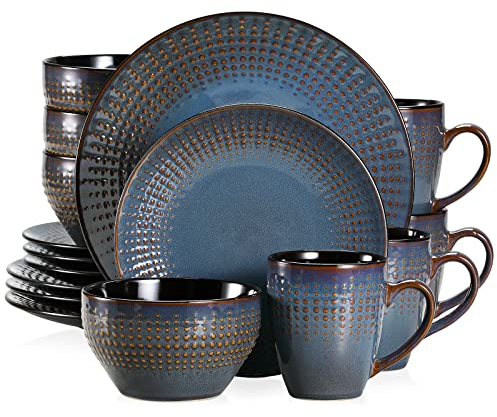 vancasso, Série GUTO. Service de Table Complet Moderne pour 4 Personnes, 16 Pièces de Vaisselle en Grès Glaçure Ceramique, Motif en Relief avec gouttes d eau