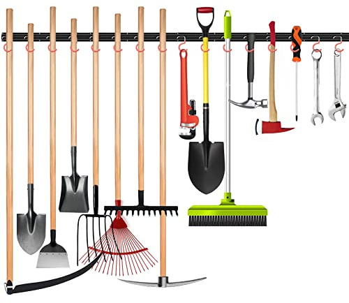 WALMANN All Metal 64 Inch Wall Mount Garden Tool Organizer for Garage, Mop and Broom Holder, Yard Tool Storage Rack for Rake, Shovel, Spade, Mop, Broom(4 Rails, 16 Hooks)