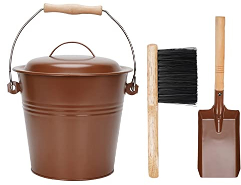 Mini Ash Bucket with Lid, 1.5-Gallon Pail with Shovel and Hand Broom, Metal Bucket Coal and Ash Carrier (Copper)