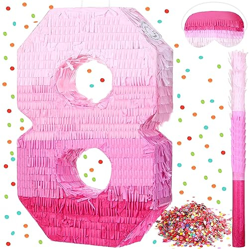 Sratte Number Piñata Pink Piñata Birthday Decorations Gradient with Stick Blindfold Confetti for Girls Boys Birthday Anniversary Party Decorations Supplies(Number 8)