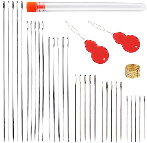 34 Pcs Hand Sewing Needles Set Long Sewing Needles Big Eye Stitching Needles Sharp Upholstery Needles with Thimble Threader and Storage Tube for Quilting Darning and Doll Making