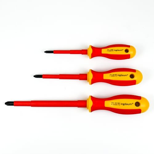 INGDAUM® 3er Set VDE Kreuzschlitzschraubendreher PH 1 * 80 mm; PH 2 * 100 mm; PH 3 * 150 mm, isoliert gegen 1000 V für Elektriker, Mechatroniker und Kältetechniker