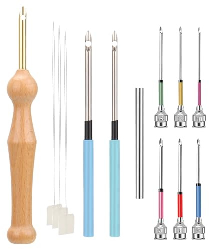 Fomiata Lot de 12 Aiguilles à Poinçonner Réglables - Poignée Bois - Stylo Broderie - Accessoire Broderie - Aiguilles Tissu